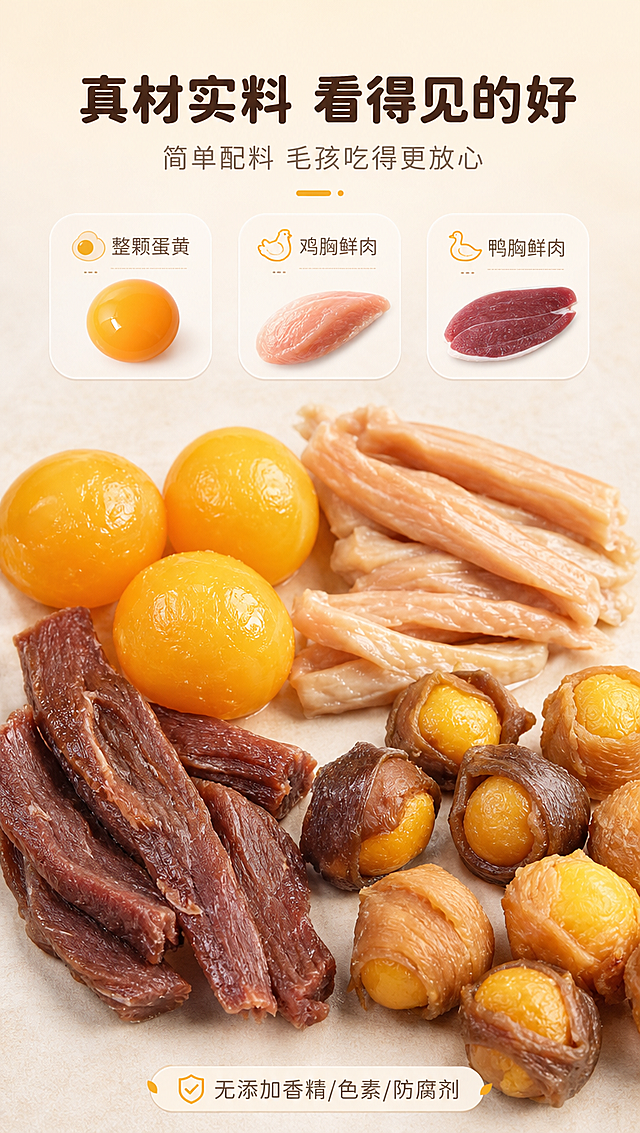 [商品] 使用【图1】肉绕蛋黄宠物零食，重点展示原料构成：整颗蛋黄、浅色鸡肉、深色鸭肉；保留蛋黄金黄饱满、鸡肉浅黄、鸭肉深棕的真实颜色与纹理。
[画面] 目标：成分原料专张，真材实料可视化。构图：上下结构，上部标题区，下部原料微距平铺展示。主体位置：画面中下部，原料元素占画面约65%。摆放角度：俯拍平铺，整颗蛋黄、鸡肉条、鸭肉条自然散落，与成品肉绕蛋黄形成原料→成品的视觉关联。景别：微距+中景结合，蛋黄颗粒放大突出。阅读动线：从上到下，标题→核心原料→成品呼应。前中后景：前景原料特写、中景成品肉绕蛋黄、后景浅奶白渐变背景。场景：干净食材展示台，清新自然。原料元素尺度：蛋黄单元素占画面≥30%，主视觉原料合计≥50%，产品仅作辅助呼应。
[视觉] 套系策略：风格=清新简约治愈系商业摄影，浅色系干净背景；标题字=圆润无衬线粗体（思源黑体Heavy类），亲切可爱；正文字=简洁无衬线体（思源黑体Regular类），清晰易读；主色=浅米杏+奶黄；背景延展=基于浅米杏做同色渐变、细腻纸张/哑光质感；强调色=暖橙黄，仅用于小面积图标、引线、标签点缀；标题色=深暖棕；正文色=中暖灰；组件=圆角浅底信息卡、细线引线、小圆形icon；光影=左前侧柔和自然光，阴影淡而柔和，整体明亮通透。
[文字] 主标题：真材实料 看得见的好（9字，上部居中大字号）；副标题：简单配料 毛孩吃得更放心（12字，主标题下方）；3个原料标签：整颗蛋黄（配蛋黄图）、鸡胸鲜肉（配鸡肉图）、鸭胸鲜肉（配鸭肉图），横向排列于中部，每个标签配对应原料图；底部小字：无添加香精/色素/防腐剂。所有文字横排。
[规格] 图片比例9:16竖版，4K分辨率，负向提示：避免变形、错字、文字过小、冷蓝/蓝灰背景、原料颜色失真、医疗化功效承诺、绝对化用语。