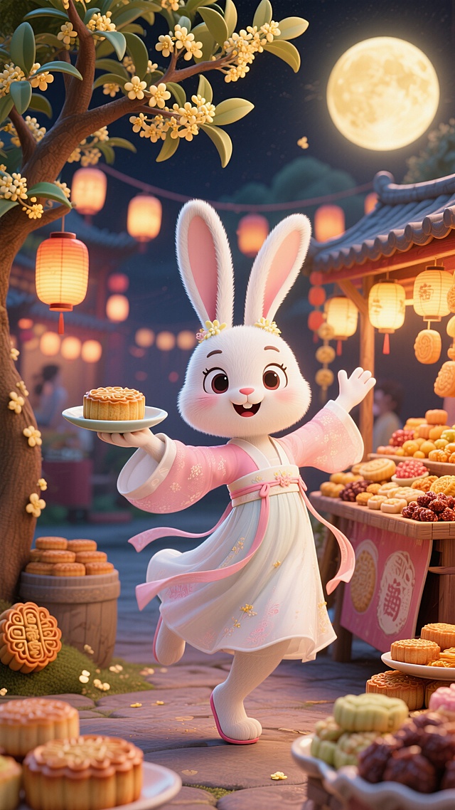 兔子拟人（保留兔子长耳朵和短尾巴，有五官穿粉白襦裙造型娇俏）在桂花树下设摊，左手捧着一碟桂花糕跳向镜头递出，右手往后扬起，双手纵向打开形成动态感，桂花糕碟为视觉中心焦点正对镜头。摊位上堆着各式月饼和蜜饯，背景是中秋灯会，特写。​