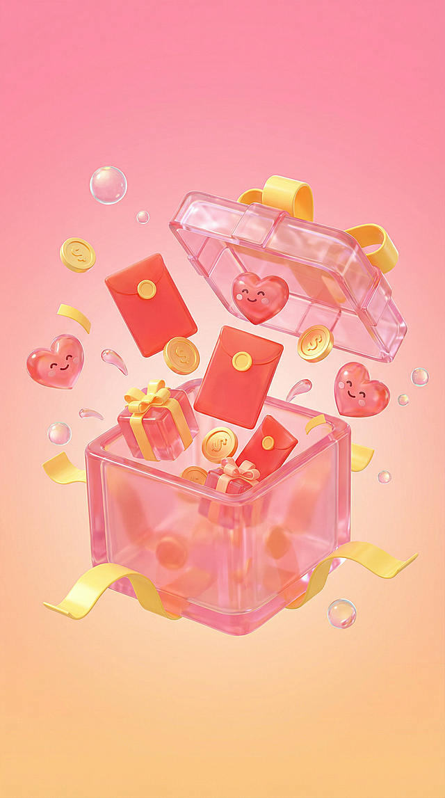 3dsubject,杰作,最佳质量,3D渲染,C4D,泡泡玛特风格, 一个粉色果冻质感礼盒,盒盖掀开, 从中飞出红包、金币、礼盒、带笑脸的爱心, 礼盒表面有柔光反射,动态散射光线, 周围漂浮黄色丝带与泡泡,背景为粉色至橙色渐变,氛围喜庆可爱