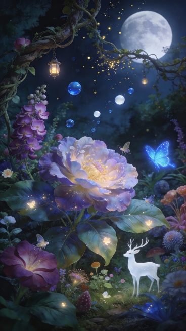 以超高清画质呈现，画面细节清晰可见，笔触细腻，色彩鲜艳且层次丰富，每个元素都精致无比，整体画面如同高精度的艺术品，清晰锐利，毫无模糊之感，巨大的花朵，梦幻丛林，茂密植物，紫荆花，各种奇异花朵，大叶植物预览效果