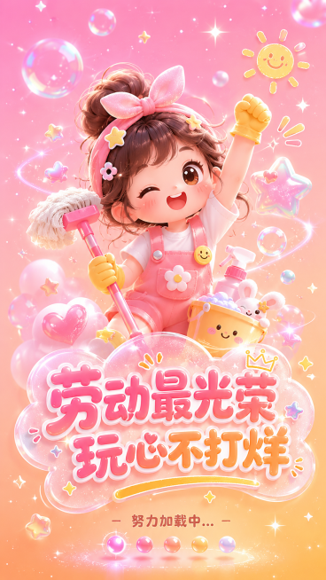 手机全屏H5启动页Loading页面，风格为甜系马卡龙，磨砂玻璃浮雕效果，带有珠光细闪，背景从柔粉色#FF9EB6渐变到暖橙色#FFA856，居中放置元气劳动少女IP形象，底部有文案"劳动最光荣，玩心预览效果