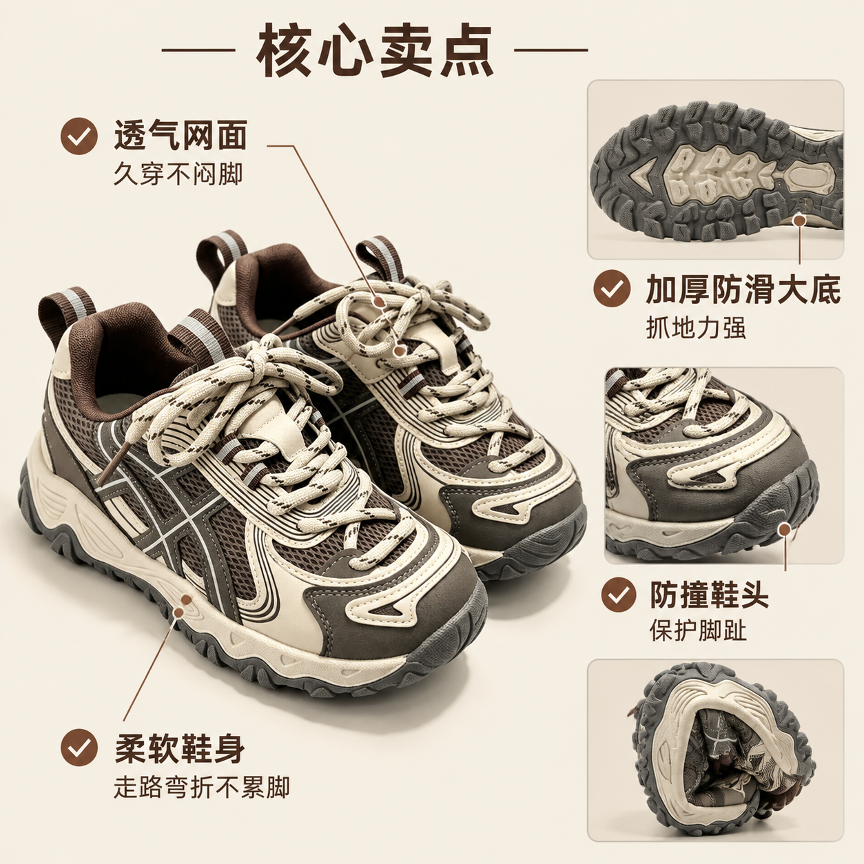 [主图-3 棕米款] 产品卖点图，鞋子多角度拼接，斜侧+鞋底特… - 图片创意预览
