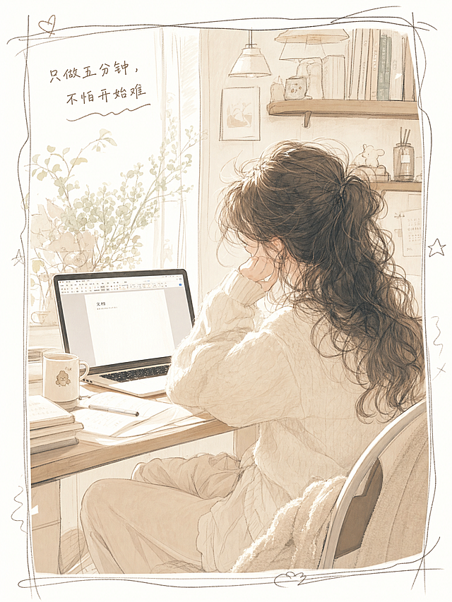 治愈系插画风格，温柔奶白浅咖色系，柔和自然光，人物慵懒坐在书桌前，蓬松凌乱的长发，刚打开电脑文档，画面角落配小字"只做五分钟，不怕开始难"，日常居家感，松弛不紧绷，随意的涂鸦线条框架感，竖构图