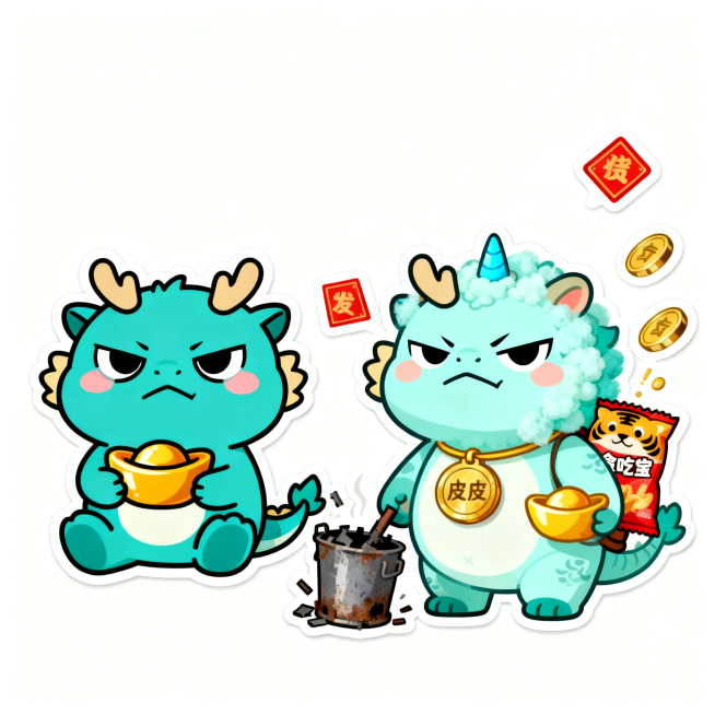 将这两只Q版貔貅调整为严肃冷酷无情的风格，保留原造型、配色和金元宝元素，保持矢量插画扁平化，白色背景，贴纸设计预览效果