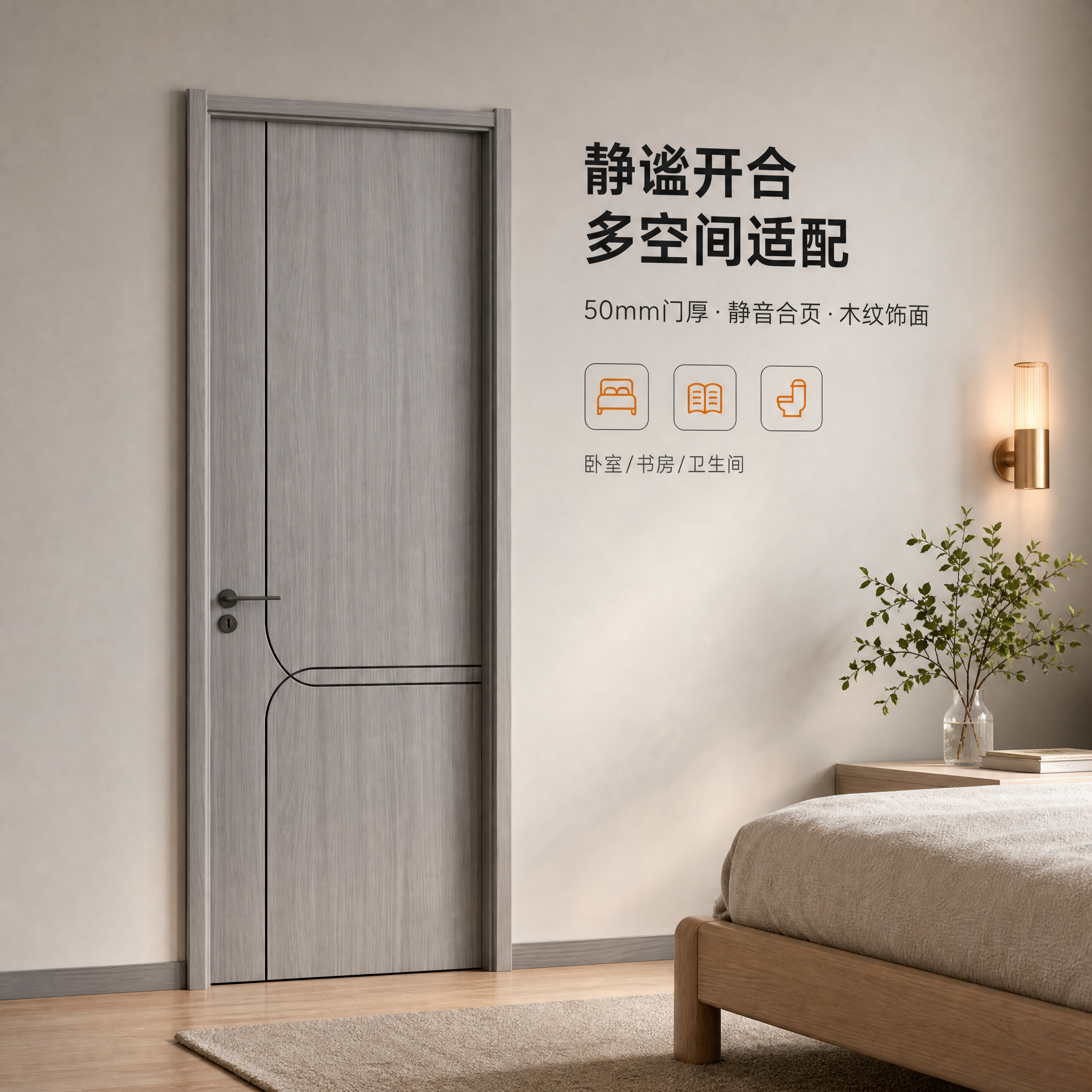 [商品] 使用【图44】灰木纹造型室内木门，安装到现代卧室门洞… - 图片创意预览