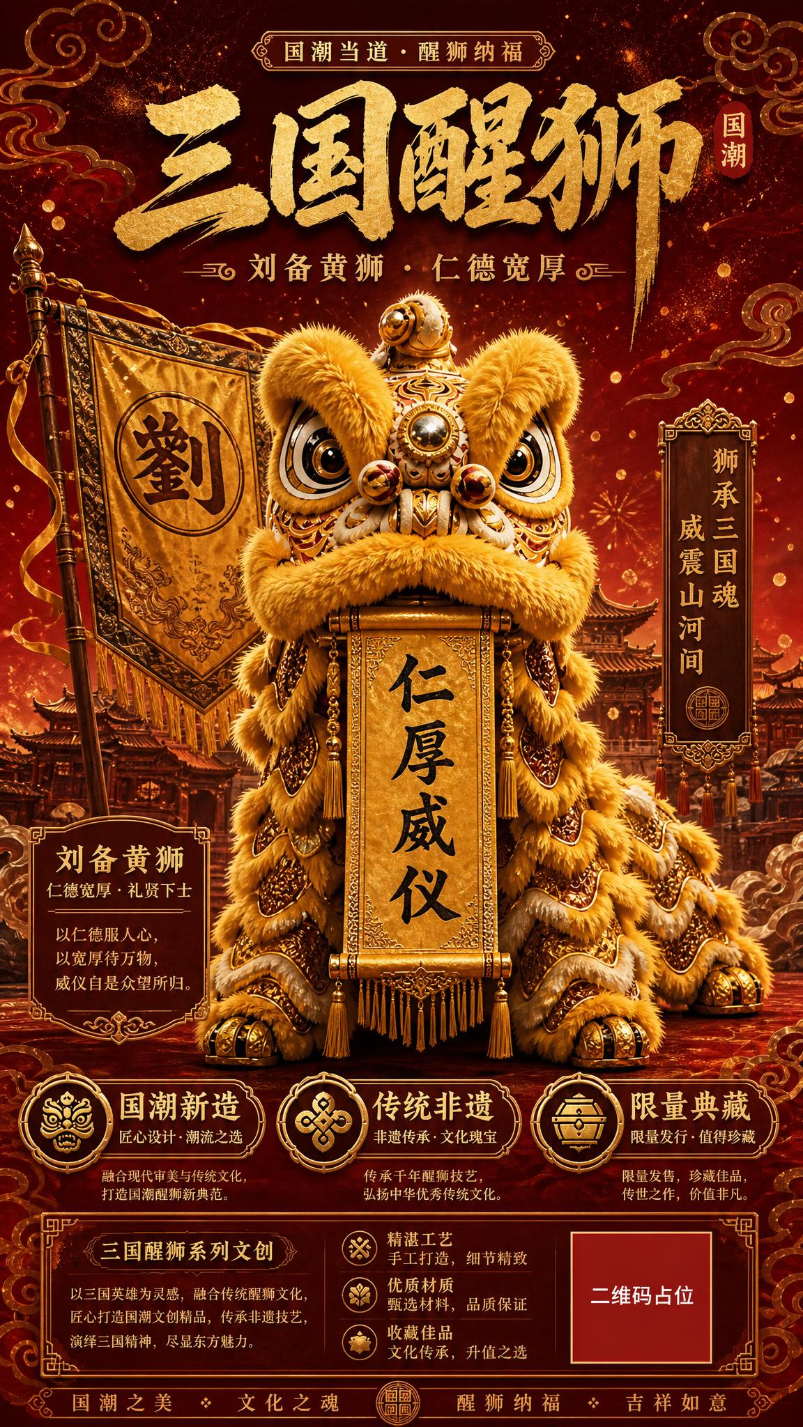 国潮醒狮海报，画面主体是一只刘备黄狮，金黄色狮身，传统南狮造型… - 图片创意预览