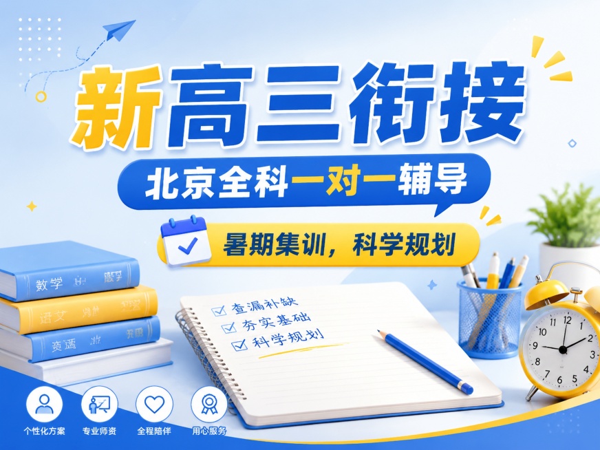 4:3比例教育培训推广海报，主色浅蓝色搭配黄色，主标题“新高三衔接”，副标题“北京全科一对一辅导”，卖点“暑期集训，科学规划”，搭配书桌笔记本装饰元素，背景浅蓝到白渐变，文字清晰醒目，版式精美，禁止出预览效果