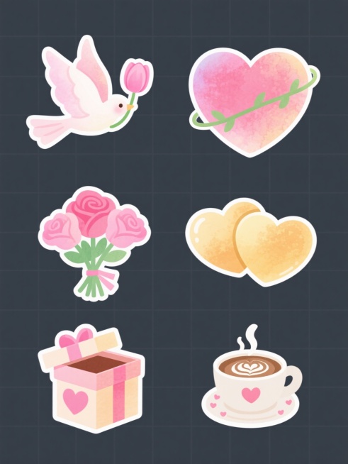 六个情人节主题元素，采用统一的水彩晕染质感与平滑渐变色彩，以整齐的网格状排列于纯色背景之上。每个元素均具有独特样式：一对衔着粉色郁金香的飞鸟，翅膀与尾羽呈现柔和的粉白渐变，线条流畅圆润；一颗缠绕着爱心藤蔓的立体爱心，边缘带有水彩的自然晕开效果；一束由三朵不同深浅粉色玫瑰组成的花束，花瓣层次通过渐变色彩区分；一对交叠的金色爱心，表面有细微的水彩纹理；一个装饰有心形图案的礼物盒，盒盖微微开启，露出……预览效果