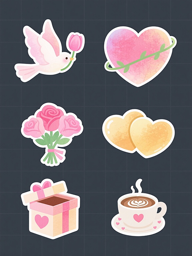 六个情人节主题元素，采用统一的水彩晕染质感与平滑渐变色彩，以整齐的网格状排列于纯色背景之上。每个元素均具有独特样式：一对衔着粉色郁金香的飞鸟，翅膀与尾羽呈现柔和的粉白渐变，线条流畅圆润；一颗缠绕着爱心藤蔓的立体爱心，边缘带有水彩的自然晕开效果；一束由三朵不同深浅粉色玫瑰组成的花束，花瓣层次通过渐变色彩区分；一对交叠的金色爱心，表面有细微的水彩纹理；一个装饰有心形图案的礼物盒，盒盖微微开启，露出粉色丝带；一杯冒着热气的咖啡，杯身上有心形拉花，杯碟边缘点缀小爱心。所有元素均保持简洁可爱的卡通风格，色彩明亮柔和，符合情人节浪漫氛围，整体构图均衡，视觉层级清晰，信息传达直接。