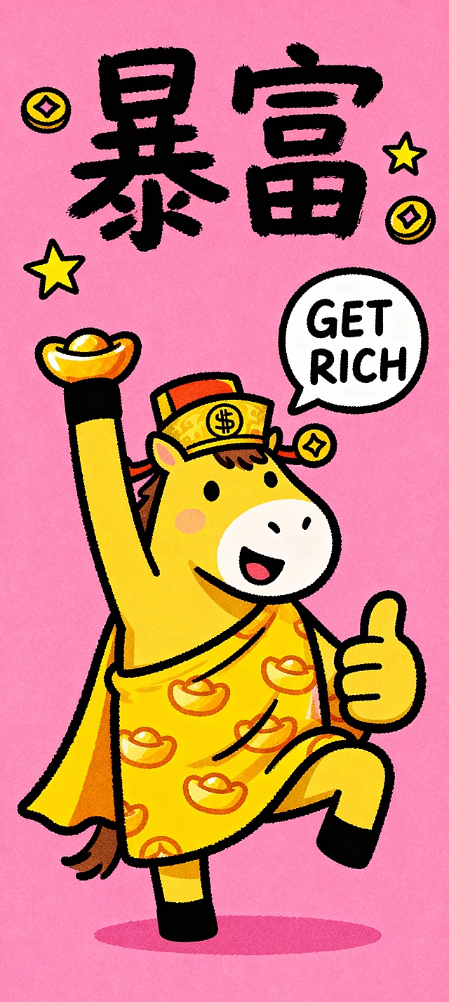 卡通潮酷手绘风格，Q 版 “马财神” 形象，整体为黄色主体，头戴中式官帽（帽檐刻铜钱纹样），身披印满金元宝图案的黄色披风，一只蹄子高举金元宝，另一只蹄子比出 “点赞” 手势；形象旁带对话框，框内写 “GET RICH”；背景为纯粉色，画面顶部用轻松手写艺术字写 “暴富” 二字；画面角落点缀黄色星星、黄色铜钱装饰元素；整体线条粗犷有手绘质感，粉色 + 黄色双色撞色对比强烈，充满新年喜庆感和网络流行梗味，突出 Money God（财神）的招财属性。