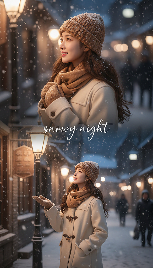 女生穿米白牛角扣大衣，驼色针织帽压着耳尖，落雪老街背景。上宫格：大特写镜头，女生侧脸特写，街灯暖光从斜前方漫来，睫毛沾着细雪，嘴角带点慵懒的笑意，指尖轻触围巾。下宫格：中景镜头，女生站在老街路灯下，抬手接住飘落的雪花，大衣下摆被微风拂起，身后是挂着霜花的木质店铺招牌。中间有手写 “snowy night” 文字横向贯穿画面。