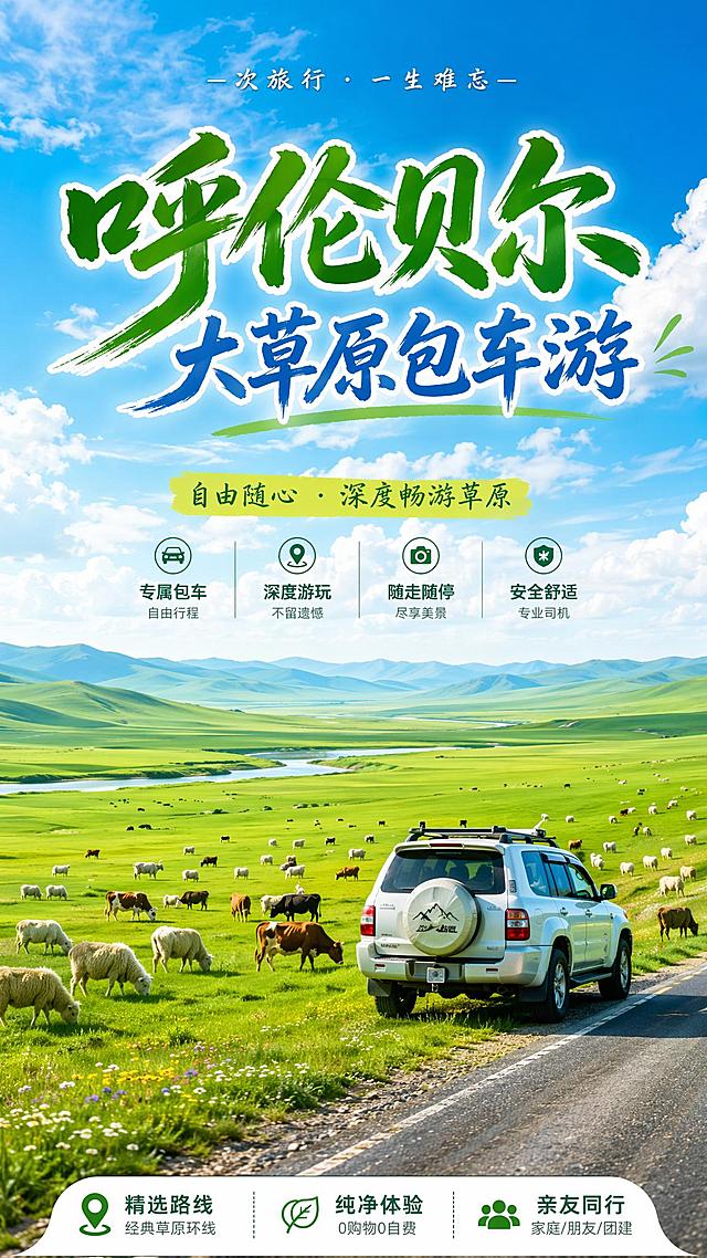 呼伦贝尔大草原包车游宣传图，广袤无垠的碧绿草原，成群的牛羊，蓝天白云下，一辆越野车停靠在路边，远处是连绵的山丘，画面开阔大气，添加醒目标题文字“呼伦贝尔大草原包车游”，整体风格清新自然，适合旅游宣传，色彩明亮饱和度舒适