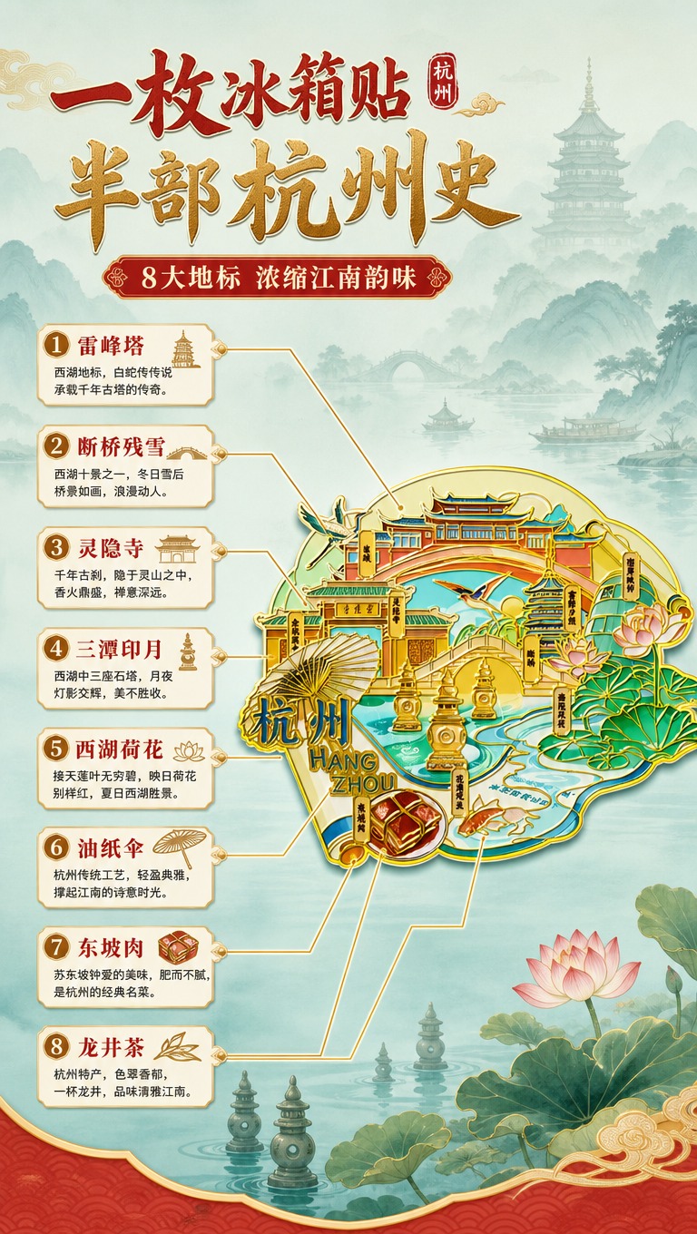 [商品] 使用【图1】杭州城市主题国潮金属冰箱贴；保留所有地标… - 图片创意预览