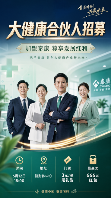 专业商务风格大健康合伙人招募活动海报，设计风格为写实商业摄影，整体色调以健康绿色和专业深蓝色为主，点缀金色提升质感。画面顶部放置主标题"大健康合伙人招募"，居中放置副标题"加盟泰康 粽享发展红利"，底预览效果