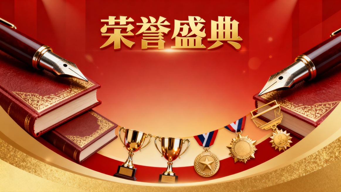 背景营造喜庆而庄重的氛围。主画面以书本、笔尖为元素，下方弧形环绕奖杯、勋章等荣誉象征，围绕标题形成环绕装饰。中心位置留出空位。背景色红色至金色渐变，提升颁奖典礼的尊贵感。使用渐变色或光影效果，增加视觉预览效果