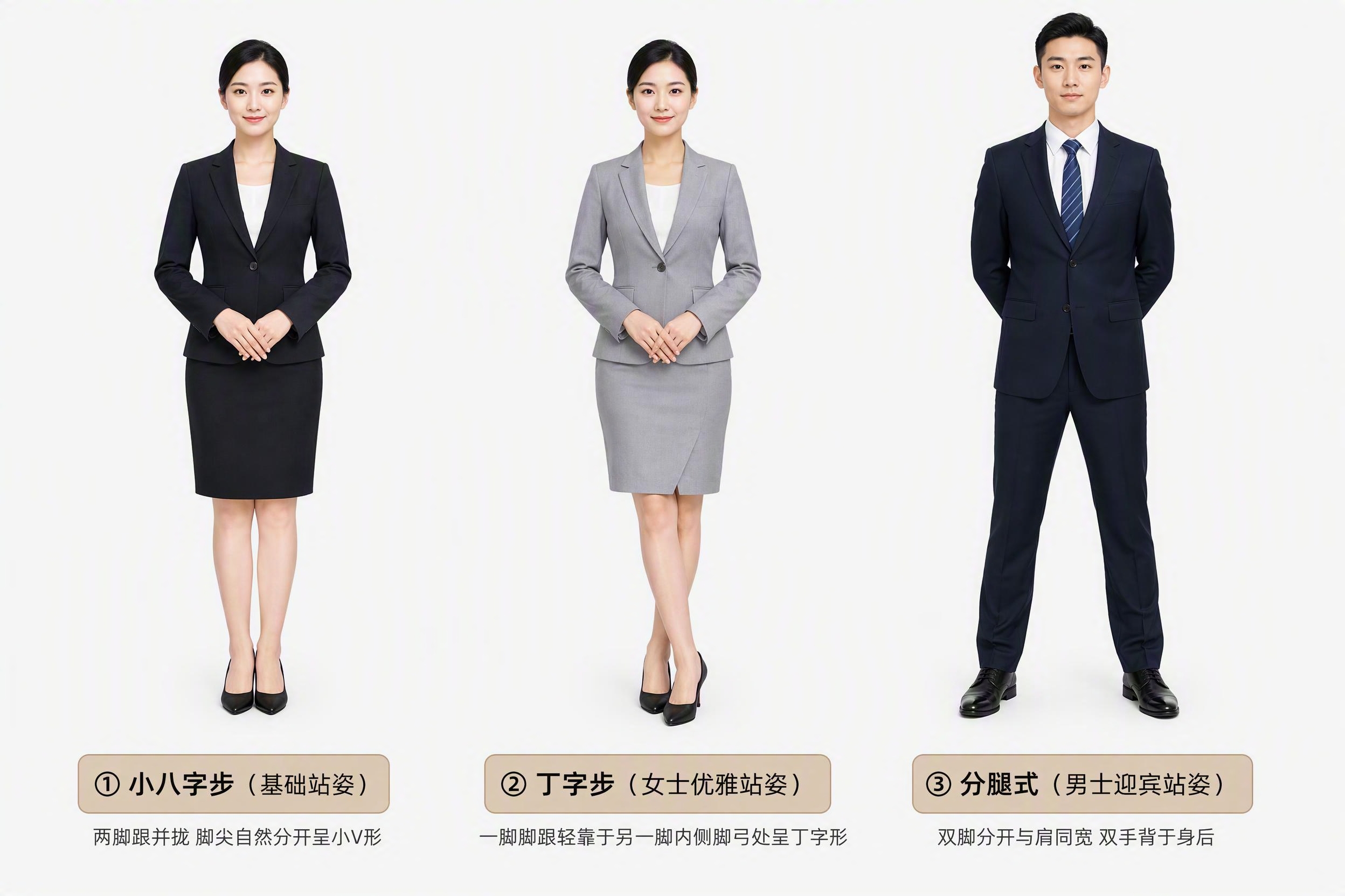 商务礼仪站姿脚位示范图，横向排列三幅全身人像，分别展示三种脚位… - 图片创意预览