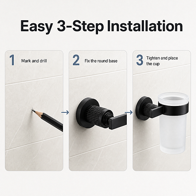 壁挂式牙刷杯（Wall-Mounted Toothbrush Cup Holder）。主题：安装与使用步骤图，唯一任务是说明如何把产品固定到墙面并投入使用。
[统一基调] 现代简约洁净卫浴视觉；背景主色为浅灰白与米白瓷砖，标题字色深炭黑，辅助字色冷灰，强调色冷蓝灰用于尺寸线与图标标签，全套统一现代无衬线字体，圆角浅灰半透明信息卡配细线图标，仅以字号层级区分主次。
[画面] 浅灰白瓷砖墙面为底，上方留白处放深炭黑主标题 "Easy 3-Step Installation"。下半部横排三步操作图，每步一个圆角浅灰卡片，左上角大号编号 "1"、"2"、"3"，卡片之间用冷蓝灰细线箭头连接，标签依次为 "Mark and drill"、"Fix the round base"、"Tighten and place the cup"。第一步画面展示在瓷砖墙面标记定位点的局部状态；第二步展示哑光黑圆形底座平整贴合墙面并固定到位的状态；第三步展示旋紧卷纹旋钮机身、并把磨砂白色玻璃杯稳稳放入开口圆环的完成状态。只表现真实接触点、遮挡关系与受力方向，不虚构未出现的孔位、螺丝规格或承重数值。三张卡片统一镜头视角、光感、圆角与标签位置。产品结构、材质、颜色与输入图一致。
[光影质感] 明亮通透侧前光，墙面柔和过渡，底座与墙面、杯身与圆环接触处有自然阴影。
[配色] 浅灰白瓷砖 + 哑光黑产品 + 冷蓝灰编号与箭头。
[文字版式] 统一现代无衬线字体，主标题最大最粗，步骤标签与编号字号层级分明，全部英文横排，不遮挡画面主体。
[输出要求] 1:1 正方形 2K 高清；负向：变形、错字、中文、多余手指、畸形手、融合手指、模糊、杂乱、水印、平台 Logo。