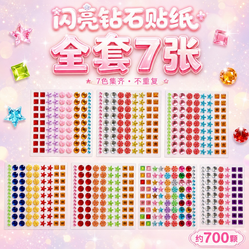 SKU主图3-全套7张，自粘亚克力水晶宝石贴纸，1:1正方形1… - 图片创意预览