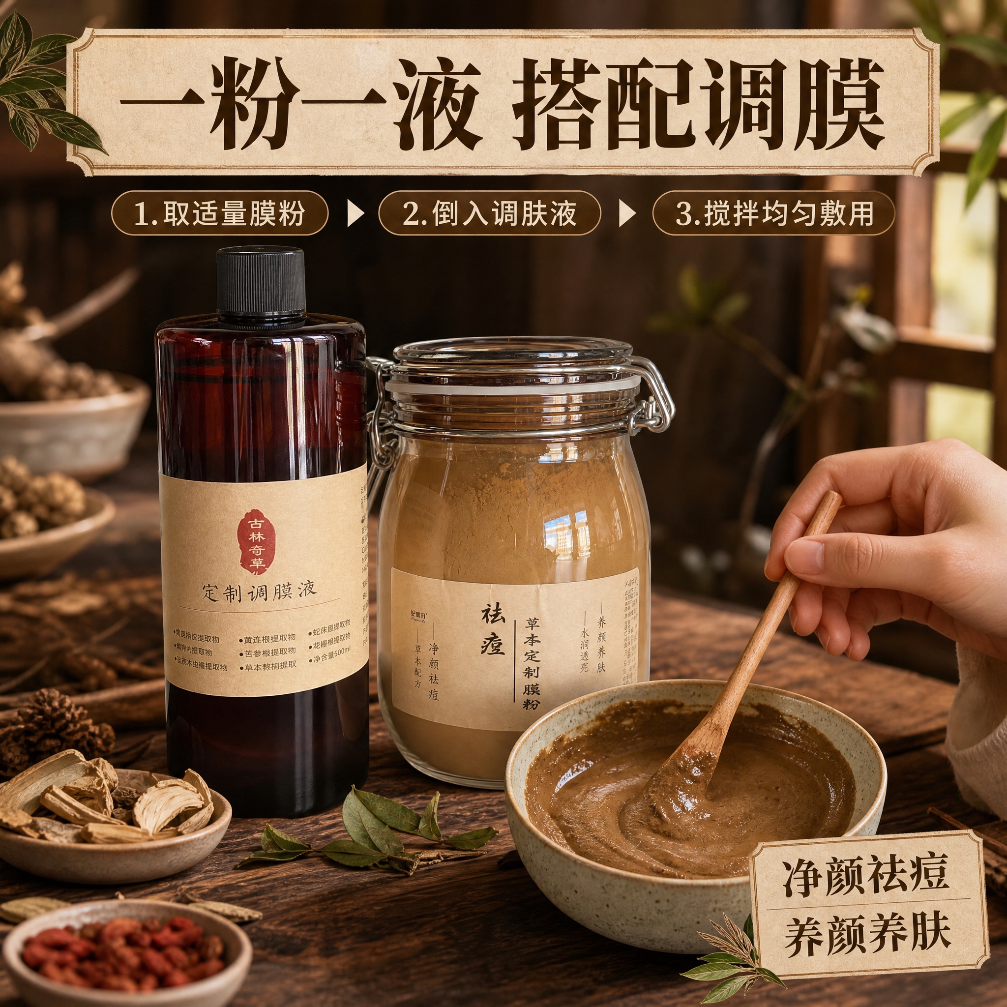 [主图-3] 使用方法与搭配效果展示，演示膜粉与调肤液搭配使用… - 图片创意预览