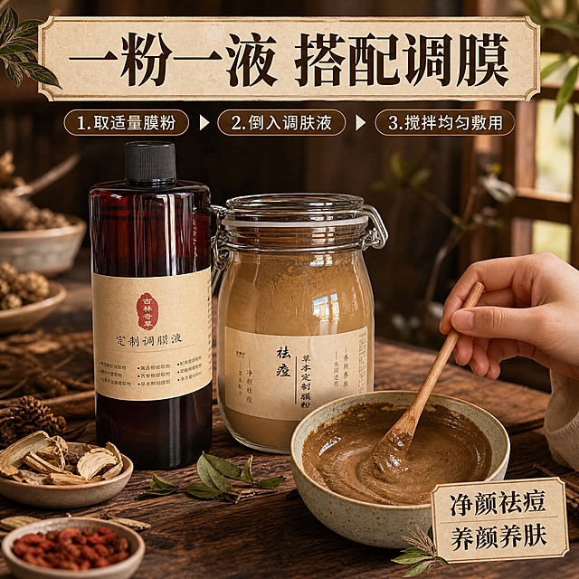 [主图-3] 使用方法与搭配效果展示，演示膜粉与调肤液搭配使用的调膜过程，体现质地与使用场景，增强真实感与代入感。
[统一基调] 抖音1:1主图，草本中药风格，深棕褐色为主色调，搭配牛皮纸米黄与暗绿色点缀，主标题用粗体宋体风格，辅助文字用简洁黑体，整体呈现传统草本护肤的专业与自然质感。
[画面] 画面展示中式护肤场景，木质桌面上摆放着膜粉罐、调肤液瓶，旁边有一只陶瓷调膜碗，碗中盛有调好的草本膜粉糊，质地细腻呈深褐色，旁边放着调膜棒。产品瓶罐在画面后方完整展示，占画面约40%。桌面上散落少量干草本作为装饰。画面一角有女性手部特写，正用调膜棒搅拌膜粉，动作自然。背景为暖光中式室内环境，虚化处理，突出前景产品与调膜动作。
[光影质感] 自然光效，温暖柔和的窗边光线，木质桌面有自然纹理，陶瓷碗有温润光泽，膜粉质地细腻可见，整体氛围温馨舒适有居家护肤感。
[配色] 主色暖棕褐色，辅助色木色、米白、暗绿，标题字色深棕色配米白底。
[文字版式] 画面上方主标题大字「一粉一液 搭配调膜」，下方分三步小字展示使用步骤：「1.取适量膜粉 2.倒入调肤液 3.搅拌均匀敷用」。右下角标注「净颜祛痘 养颜养肤」，文字排版清晰，不遮挡主体。
[输出要求] 比例1:1，产品清晰不变形，手部自然无畸形，质地展示真实，文字清晰可读，无水印无平台logo，禁止夸张功效和前后对比图。