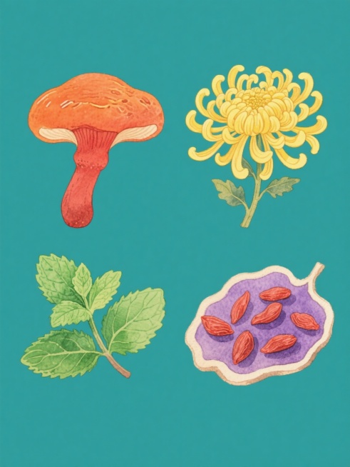 系列插画，水彩质感，手绘风格，4个完全不同的中药材，规整排布，每个元素独立纯色背景，色彩鲜艳明快，第一幅为橙红色灵芝，第二幅为黄色菊花，第三幅为绿色薄荷，第四幅为紫色枸杞，元素细节丰富，边缘柔和，光影自然，整体风格统一，构图均衡，画面简洁，无文字，无logo，无二维码，信息传达清晰，符合中药材主题的视觉表现预览效果