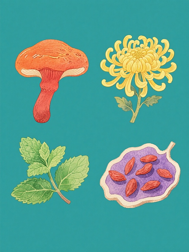 系列插画，水彩质感，手绘风格，4个完全不同的中药材，规整排布，每个元素独立纯色背景，色彩鲜艳明快，第一幅为橙红色灵芝，第二幅为黄色菊花，第三幅为绿色薄荷，第四幅为紫色枸杞，元素细节丰富，边缘柔和，光影自然，整体风格统一，构图均衡，画面简洁，无文字，无logo，无二维码，信息传达清晰，符合中药材主题的视觉表现