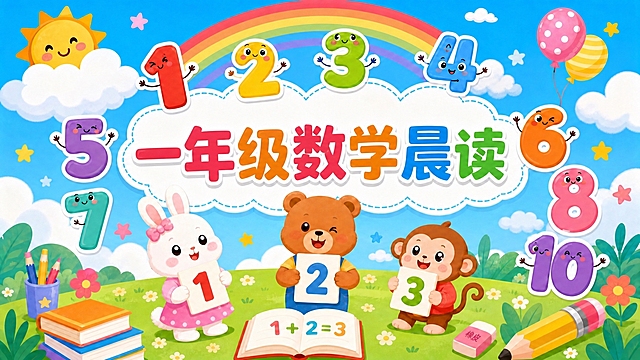 将图片中央的标题文字"数学晨读"改为"一年级数学晨读"，保持字体风格、颜色渐变（红橙蓝绿）、卡通可爱风格不变，其他所有元素（数字1-10、小兔子小熊小猴子、太阳彩虹、书本铅笔草地等）完全保留不变，整体画面布局协调