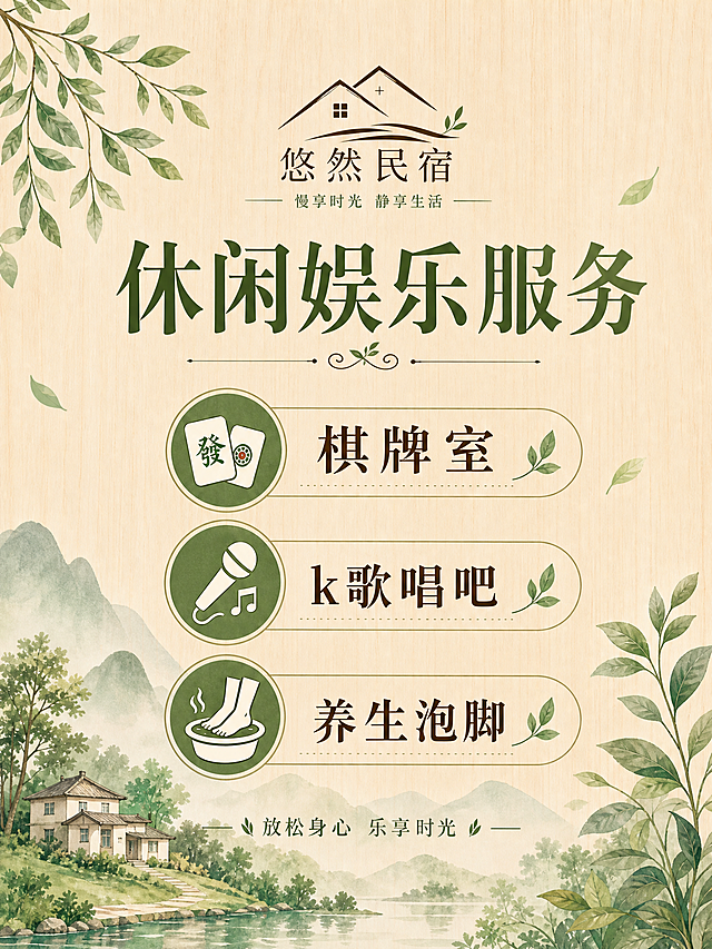 民宿休闲娱乐服务海报，仅保留海报内容区域，去除木质桌牌边框和底座，背景保留原木质感搭配淡绿色绿植和远山民居装饰，整体清新温馨风格，文字内容：悠然民宿，慢享时光 静享生活，休闲娱乐服务，棋牌室、k歌唱吧、养生泡脚，放松身心 乐享时光，字体清晰排版整洁