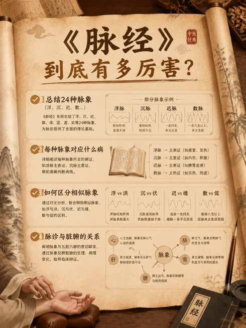 国风插画风格，《脉经》内容总结配图，标题文字"《脉经》到底有多厉害？"，列出四点核心内容：✅ 总结24种脉象（浮、沉、迟、数...）✅ 每种脉象对应什么病✅ 如何区分相似脉象✅ 脉诊与脏腑的关系，画面预览效果
