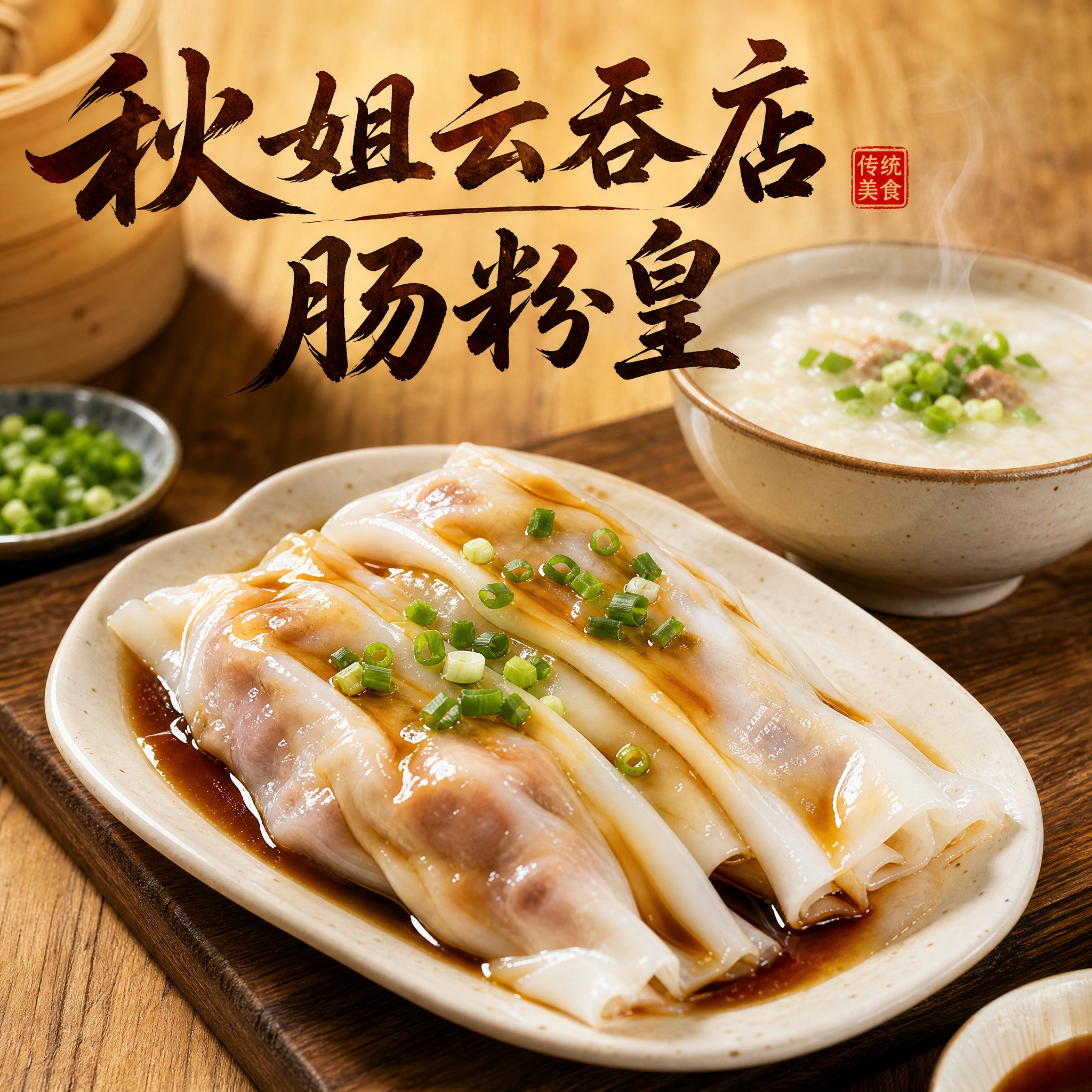 美食写真风格的店铺头像，画面中央是一碟刚蒸好的广式肠粉，肠粉皮… - 图片创意预览