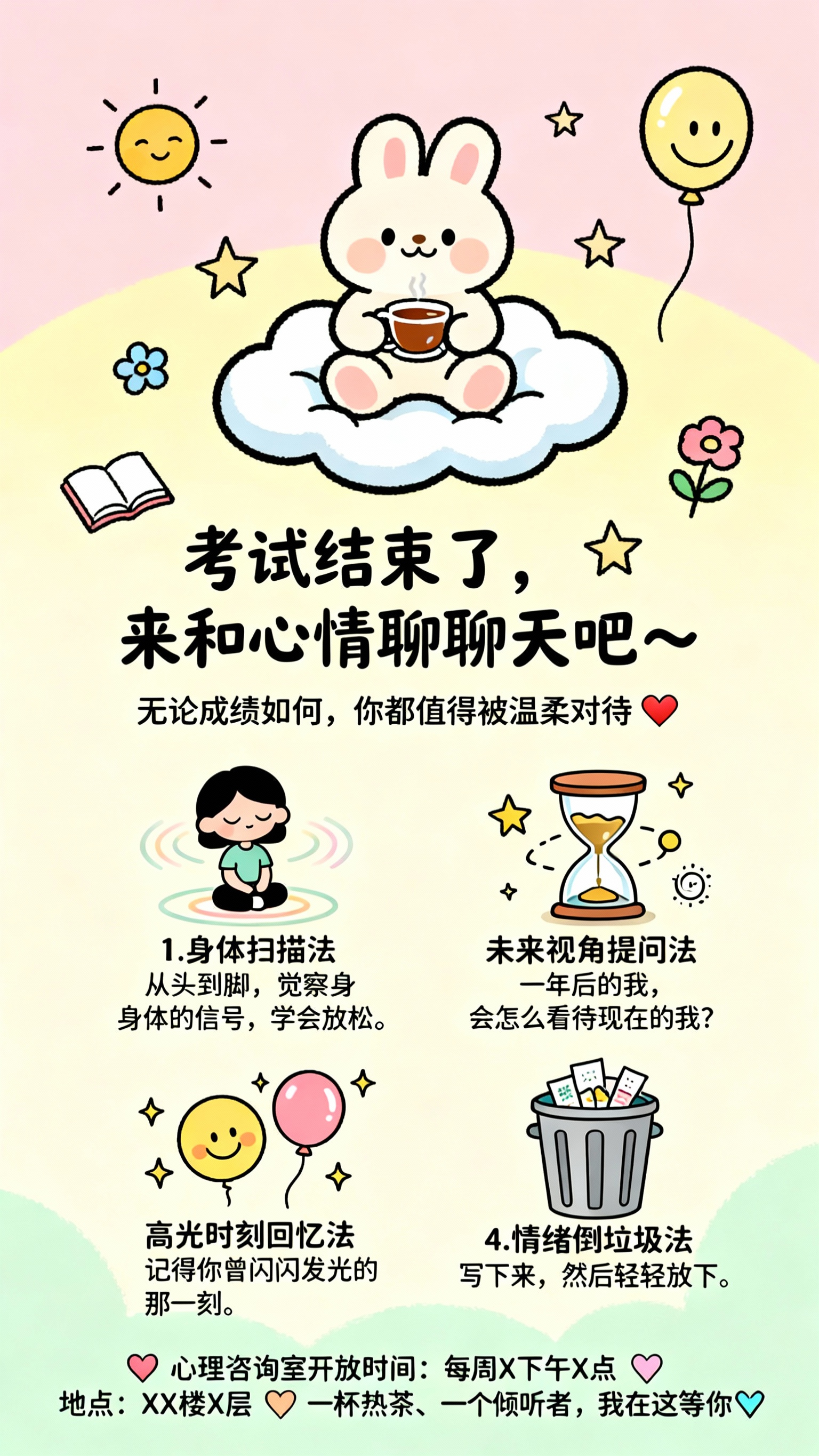 请生成一幅可爱温馨风格的心理健康宣传海报，适用于校园考后心理调… - 图片创意预览