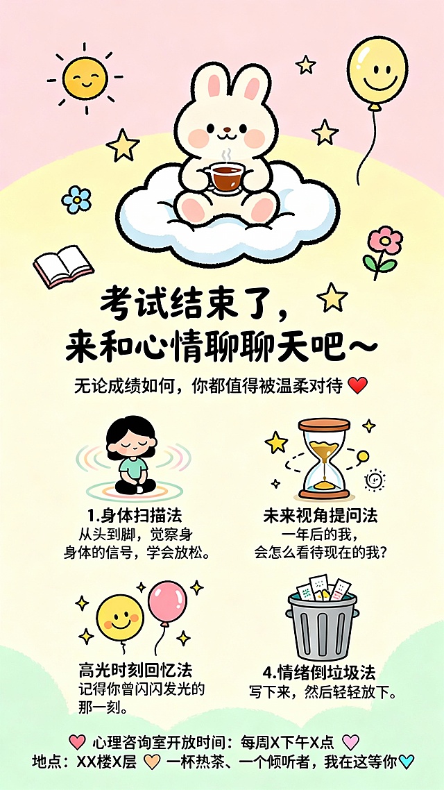 请生成一幅可爱温馨风格的心理健康宣传海报，适用于校园考后心理调适使用。背景为柔和的马卡龙色系（如浅粉、奶油黄、浅绿），整体氛围温暖、治愈、富有陪伴感。画面包含以下内容：

🌟【主视觉元素】🌟
一只可爱的小熊或小兔子坐在云朵上，手捧一杯热茶，微笑着看向观众，传达温暖与陪伴的感觉。
背景中有小太阳、星星、气球、小花、书本、笑脸等元素，营造轻松、治愈的氛围。
主标题文字清晰、居中显示：
“考试结束了，来和心情聊聊天吧～”

副标题文字稍小，紧接主标题：
“无论成绩如何，你都值得被温柔对待 ❤️”

🧘‍♀️【四个心理调适方法展示】🧘‍♂️
每个方法以一个小图标+简短说明的形式呈现，风格统一，适合儿童和青少年阅读：

1. 身体扫描法
插图：一个卡通人物闭眼坐着，从头部到脚部有柔和的光圈扫描效果
文字提示：
“从头到脚，觉察身体的信号，学会放松。”

2. 未来视角提问法
插图：一个沙漏或小天使在思考，背景是星星和时间符号
文字提示：
“一年后的我，会怎么看待现在的我？”

3. 高光时刻回忆法
插图：一个笑脸气球或闪耀的小星星，人物露出自信笑容
文字提示：
“记得你曾闪闪发光的那一刻。”

4. 情绪倒垃圾法
插图：一个卡通垃圾桶，里面是写满烦恼的纸条
文字提示：
“写下来，然后轻轻放下。”

📍【底部信息区】📍
用温暖的手写字体显示：
🧡 心理咨询室开放时间：每周X下午X点
🧡 地点：XX楼X层
🧡 一杯热茶、一个倾听者，我在这等你 💕

🖌️【风格提示】🖌️
整体风格：可爱插画风（kawaii illustration）
色彩：柔和马卡龙色系、低饱和度
字体：圆润可爱的手写字体
氛围：温暖、治愈、陪伴感强，适合校园青少年使用