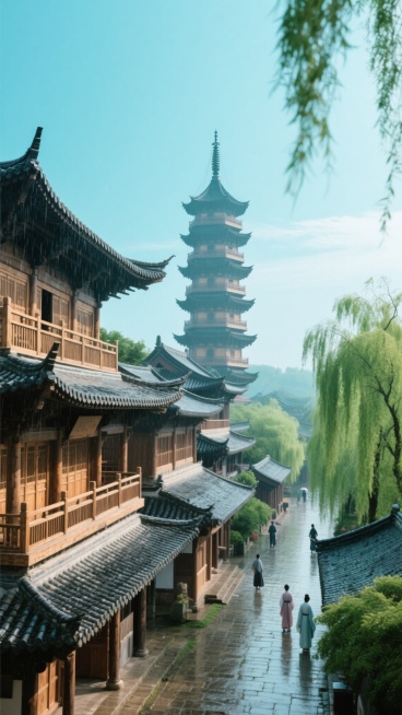 古色古香的中式建筑群，前景为错落有致的多层木结构楼阁，飞檐翘角，灰黑色瓦片铺就的屋顶，木质栏杆回廊；中远景矗立着高耸的多层宝塔，塔身层次分明，顶部有细长塔刹。建筑间点缀着垂柳，枝条摇曳。画面整体色调改为清新的青绿色调，建筑木构件呈现温润的浅棕色，屋顶瓦片泛着青灰光泽，天空为澄澈的淡蓝色，营造出雨后初晴般的明亮、宁静氛围。有少数身着传统服饰的游人在建筑下的石板路上活动，整体构图采用由近及远的纵深……预览效果