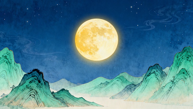 国风舞台背景插画，明月高悬于靛蓝色夜空，圆润的皓月散发暖黄色光晕，下方是连绵起伏的青绿山水轮廓，山峦用中式工笔线条勾勒，背景带淡淡的云纹和星点，整体色调柔和治愈，适配少儿舞蹈《玉盘》，画面比例16:9，高分辨率