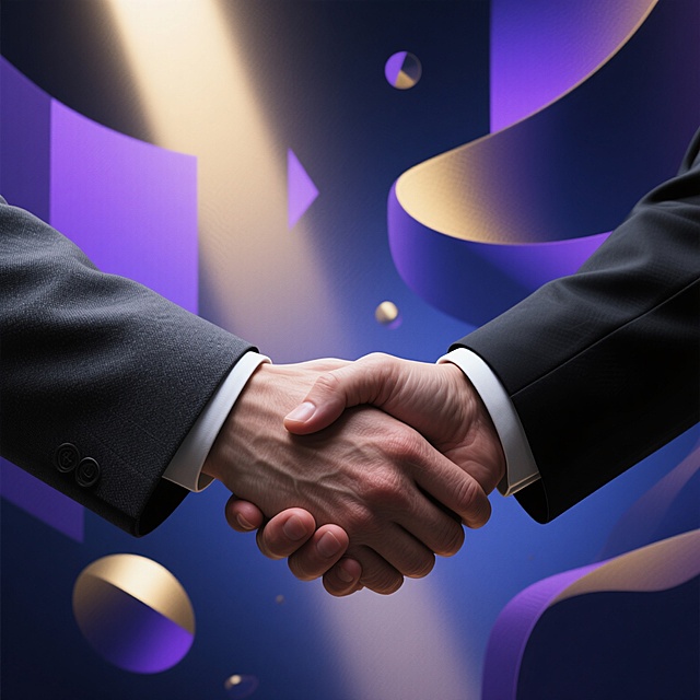 超现实主义风格的握手场景，两只手在画面中央紧密相握，一只手穿着深灰色西装袖子，另一只手穿着黑色西装袖子，背景是由流动的几何色块和漂浮的抽象元素构成的梦幻空间，整体色调以深蓝、紫色和金色为主，光线从画面上方斜射下来，在手部形成柔和的高光和阴影，营造出神秘而庄重的氛围，强调两只手的姿态和手部皮肤的质感，同时突出西装面料的纹理细节。