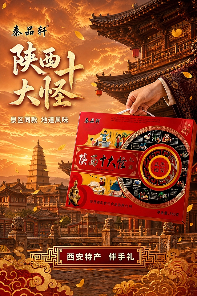 将这张陕西十大怪礼盒淘宝电商主图调整为2:3竖版长图，画面内容保持不变：手提红色礼盒、长安古风大雁塔古建筑背景、金色银杏叶飘落、秦品轩品牌logo、"陕西十大怪"金色书法大字、"景区同款 地道风味"副标题、底部回纹边框广告语"西安特产 伴手礼"全部保留。整体构图调整为竖版2:3比例，上下延展背景空间，上方增加更多唐代飞檐建筑和天空晚霞，下方增加更多古风祥云纹样和地面石栏细节，礼盒和手部位置居中偏上，文字布局随竖版比例重新调整位置但内容不变，保持红金配色和长安古风氛围。