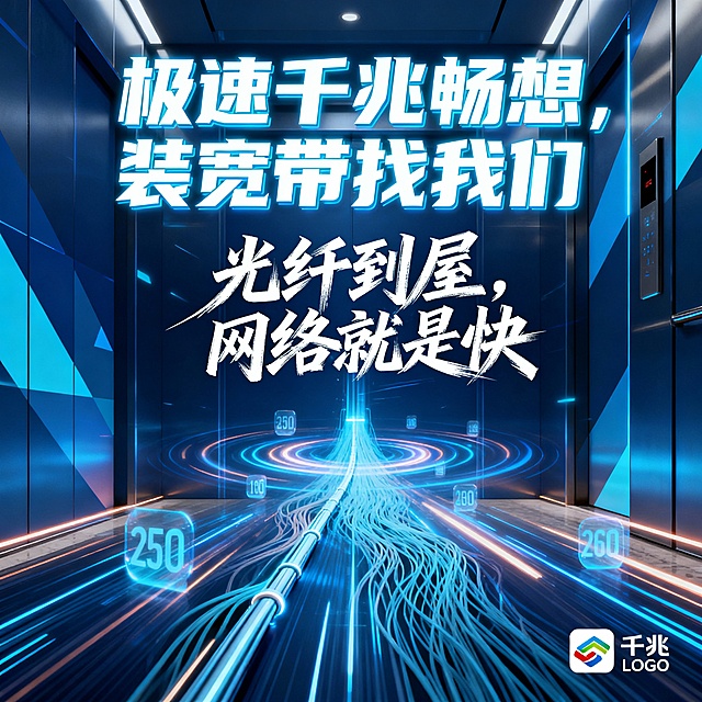 赛博朋克风3D场景，霓虹光影交织，光纤粒子流动，大字风标题突出科技感与速度感，展现未来网络畅联体验。