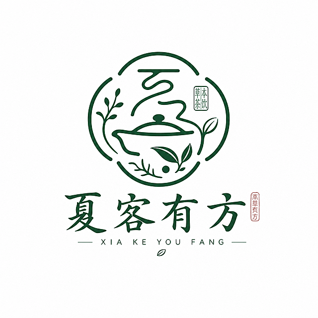 新中式logo设计，品牌名为“夏客有方”，用于中药茶饮品牌，风格要求古朴、清新、自然、灵动，结合茶叶与草本中药元素，墨绿色为主色调，简约线条设计，白底
