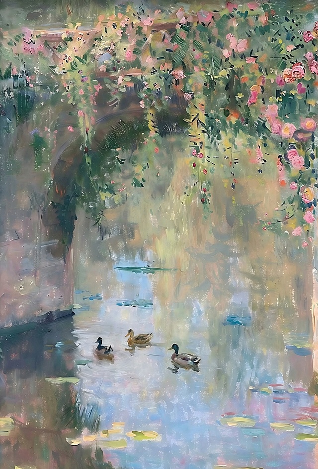 生成类似的高清油画，画面中有3只野鸭，保持原印象派风格，花藤拱门下的水面场景