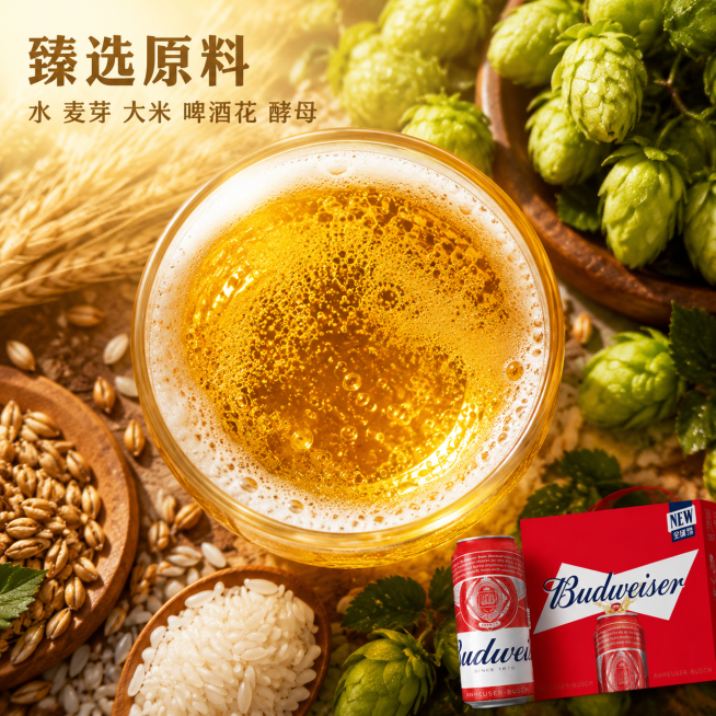 [主图-3] 百威啤酒原料细节特写图
[氛围风格] 新鲜自然，突出优质原料品质
[画质] 微距商业摄影，纹理清晰通透，真实自然
[元素] 微距特写啤酒酒液，金黄色酒体通透光泽，周围摆放核心原料：新鲜麦预览效果