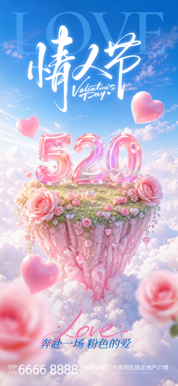粉色蓝色3D超写实浪漫梦幻岛屿520告白季情人节海报预览效果