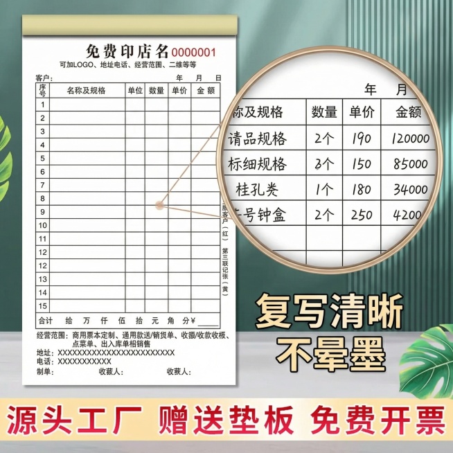 基于原图定制单据本产品，生成第三张主图，保持全套热卖营销风格统一，拼多多适配风格。本张主图放大展示单据复写纸的复写清晰细节，使用微距特写效果展示单据表格内的复写字迹清晰锋利，左侧放完整单据本，右侧放置预览效果