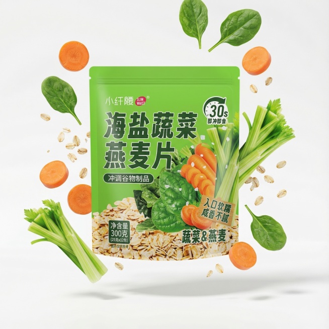 根据这张图片帮我衍生出5张不一样的图片，可以加其他元素，产品是海盐蔬菜燕麦片，产品不变，配料有胡萝卜，菠菜，西芹预览效果