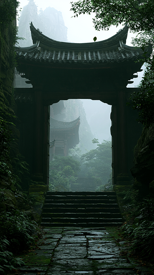 Ancient Chinese temple hidden in misty mountains, camera view passing through the temple gate, a single fallen leaf slowly drifting down on bluestone path, distant temple bell ringing implied by serene atmosphere, ethereal mountain mist wrapping around peaks, ancient Chinese architecture with curved roof tiles, moss-covered stone stairs, soft diffused morning light, cinematic composition, atmospheric perspective, tranquil and mystical mood, ultra detailed, photorealistic, 8k