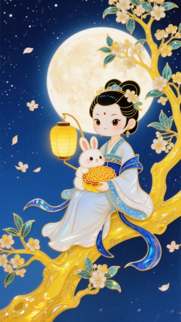 Q版古风嫦娥（蓝白汉服、持暖黄灯笼）与抱金黄月饼的可爱玉兔同坐黄色桂花树枝，背景为明亮圆月与深蓝色星空并点缀飘落桂花花瓣，色调以暖黄与深蓝为主预览效果