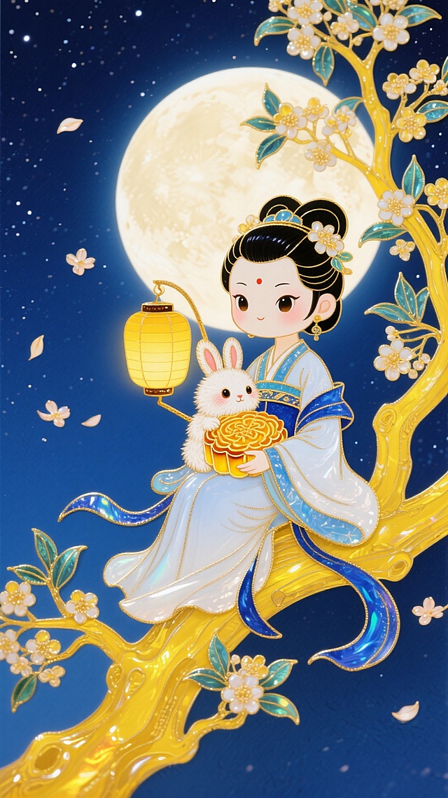 梦幻感与唯美感交织，卡通风格的嫦娥怀抱玉兔，身着工笔风华服，坐于鎏金桂树之上，手持灯笼与月饼，背景明月高悬，水彩晕染夜空，尽显中秋佳节的柔美与童趣。