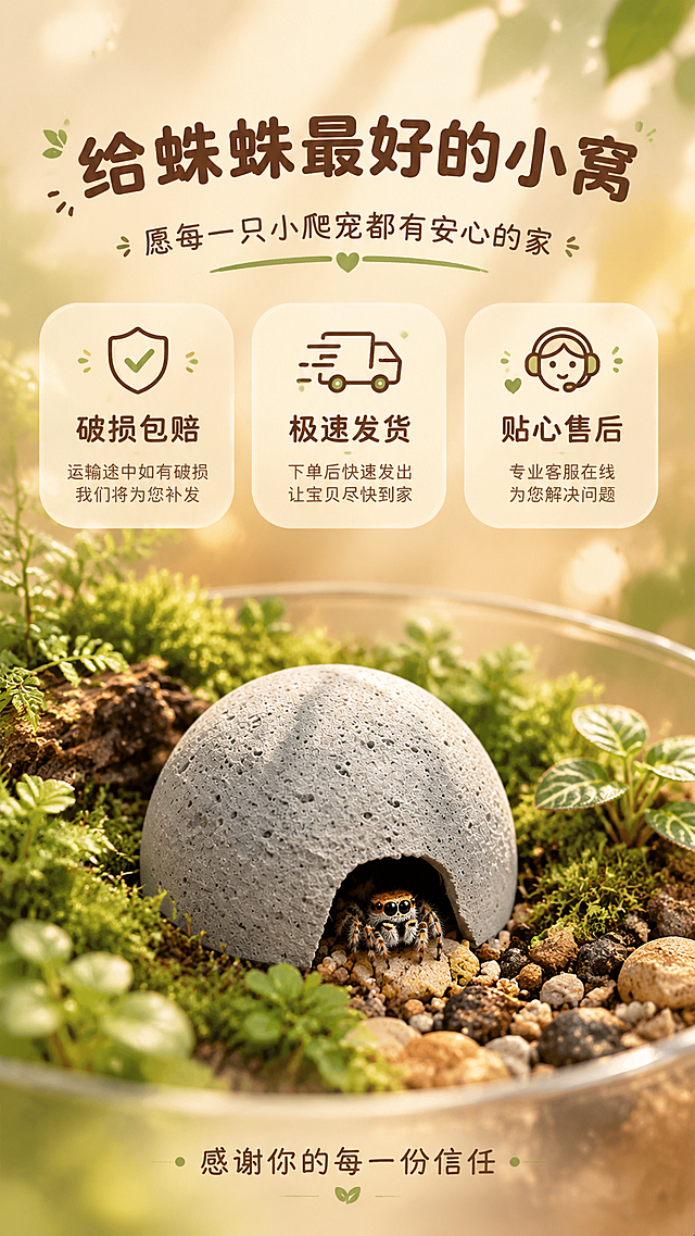 [商品] 使用【图10】素椰灰款素胚仿真椰子躲避屋；保留半球形、宽口洞口、灰色多孔质感、素胚无蜘蛛；产品完整清晰。
[画面] 第12张 信任收口与服务承诺，目标用温馨的场景和服务承诺做最后情感收口，强化购买信心。竖版9:16，画面下方是素椰灰款躲避屋放在一个精致的小型造景缸中，有苔藓、小石子、迷你植物，一只小小的跳蛛在洞口休息。画面上方和中部是温暖的文字区域，用三个圆角小卡片横向排列展示三项服务承诺：①破损包赔 ②极速发货 ③贴心售后。整体氛围温暖安心，给买家「买得放心 用得安心」的感觉。背景是暖米色渐变，有淡淡的光斑和叶片剪影。
[视觉] 套系策略：风格=自然森系高级治愈商业摄影；标题字=圆润粗黑无衬线体（萌系圆角）；正文字=细圆体；主色=暖棕米色；背景延展=基于暖棕米色做深浅渐变、同色系层次、柔和光斑质感；强调色=苔藓绿+奶白色，仅用于小面积图标、引线、标签和装饰圆点；标题色=深棕褐色；正文色=中暖棕色；组件=圆角半透明奶白卡片、细线手绘风图标、圆点装饰；光影=柔和漫射光，整体温暖治愈。
[文字] 上方大标题「给蛛蛛最好的小窝」，副标题「愿每一只小爬宠都有安心的家」，中部三个服务卡片，底部一行「感谢你的每一份信任」。
[规格] 图片比例9:16竖版，4K，氛围温馨治愈，避免变形、错字、虚假承诺、冷蓝背景、水印、平台logo。