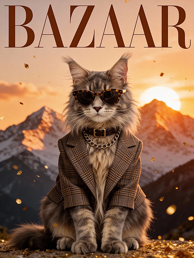 主体身着复古格纹西装外套，搭配金属链条装饰的皮质项圈，还佩戴着一副玳瑁纹墨镜；背景为实景日照金山，点缀飘落的金色亮片，营造高端晚宴氛围；画面顶部放置醒目 “BAZAAR” 艺术字样，还原时尚刊标志性版式；整体采用高饱和暖棕色调，居中构图聚焦宠物主体，使其紧凑占据画面核心区域，将萌宠塑造成兼具复古奢华感与反差萌的潮流 icon，视觉精致且格调十足。