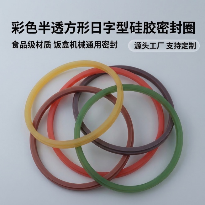 [垫图]https://202.png
[主图主题] 彩色半透方形日字型硅胶密封圈首图
[氛围/风格] 简约质感风，浅灰背景，柔和光影，突出半透彩色材质
[画面元素] 黄红棕绿四色半透方形日字型硅胶密预览效果
