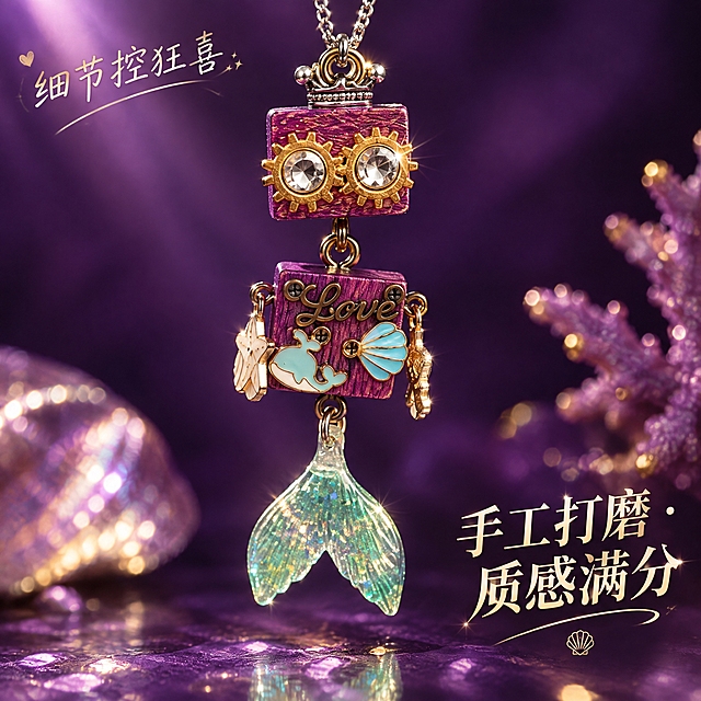 小红书风格电商主图，1:1正方形构图，画面主体是图中的紫色木质方块机器人美人鱼项链吊坠，特写展示吊坠的精致细节：齿轮眼睛的水钻光泽、木质纹理、海洋滴油配件的色彩、鱼尾的闪粉通透感。背景为深紫色渐变，打光突出吊坠质感，类似珠宝大片风格。画面左上角小字"细节控狂喜"，右下角大字标注"手工打磨 · 质感满分"，整体高级有格调，突出产品工艺品质，适合小红书种草测评